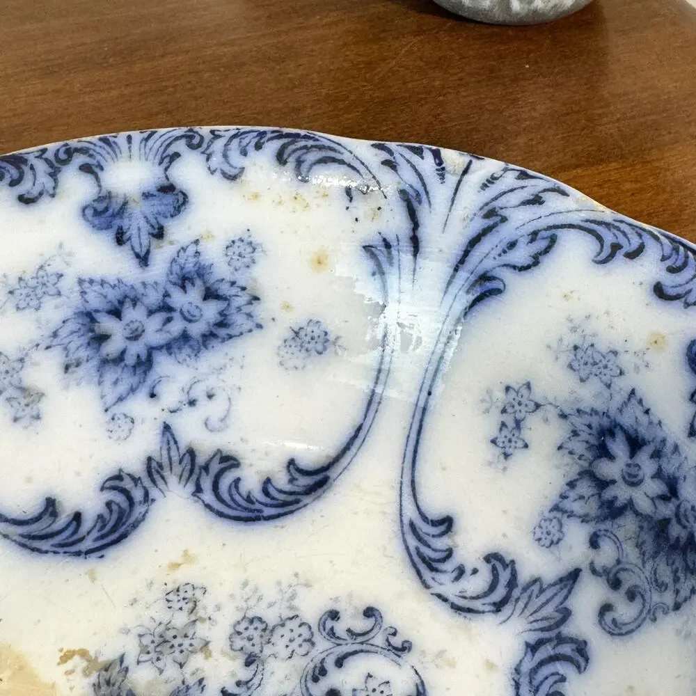Antique Libertas Prussia Cobalt Flow Blue Serving Bowl Flower Scalloped White